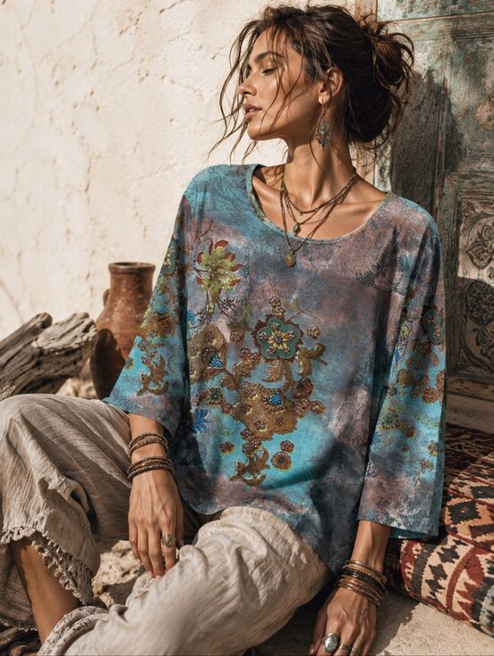 Lola P. Tops - LOLA P Top Womens Plus 2X Blue Gray Floral Beaded Sequin Boho Whimsigoth NEW